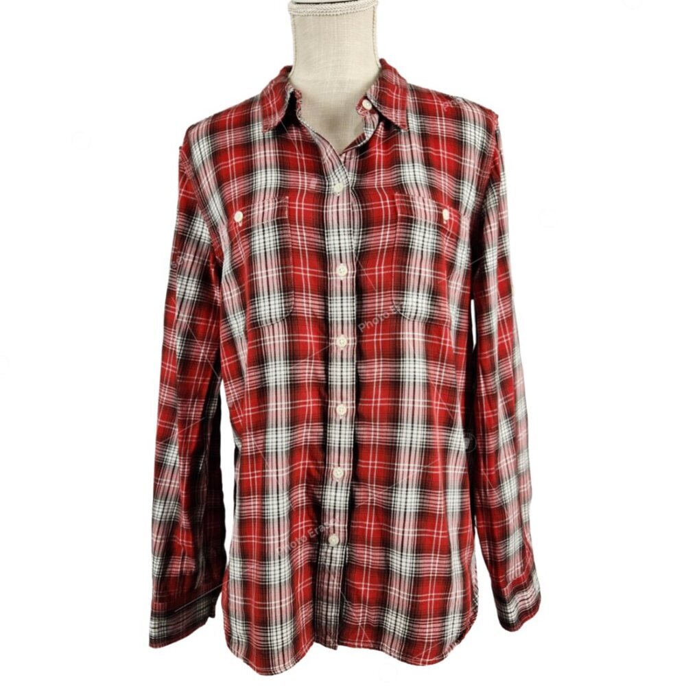 LRL Lauren Jeans Co Red Plaid Button Shirt Womens M Roll Tab Sleeve Pockets